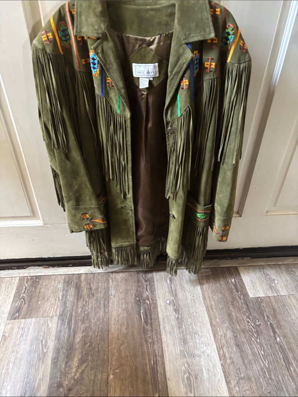 Olive Suede Fringe Jacket With Southwestern Embroidery Vintage